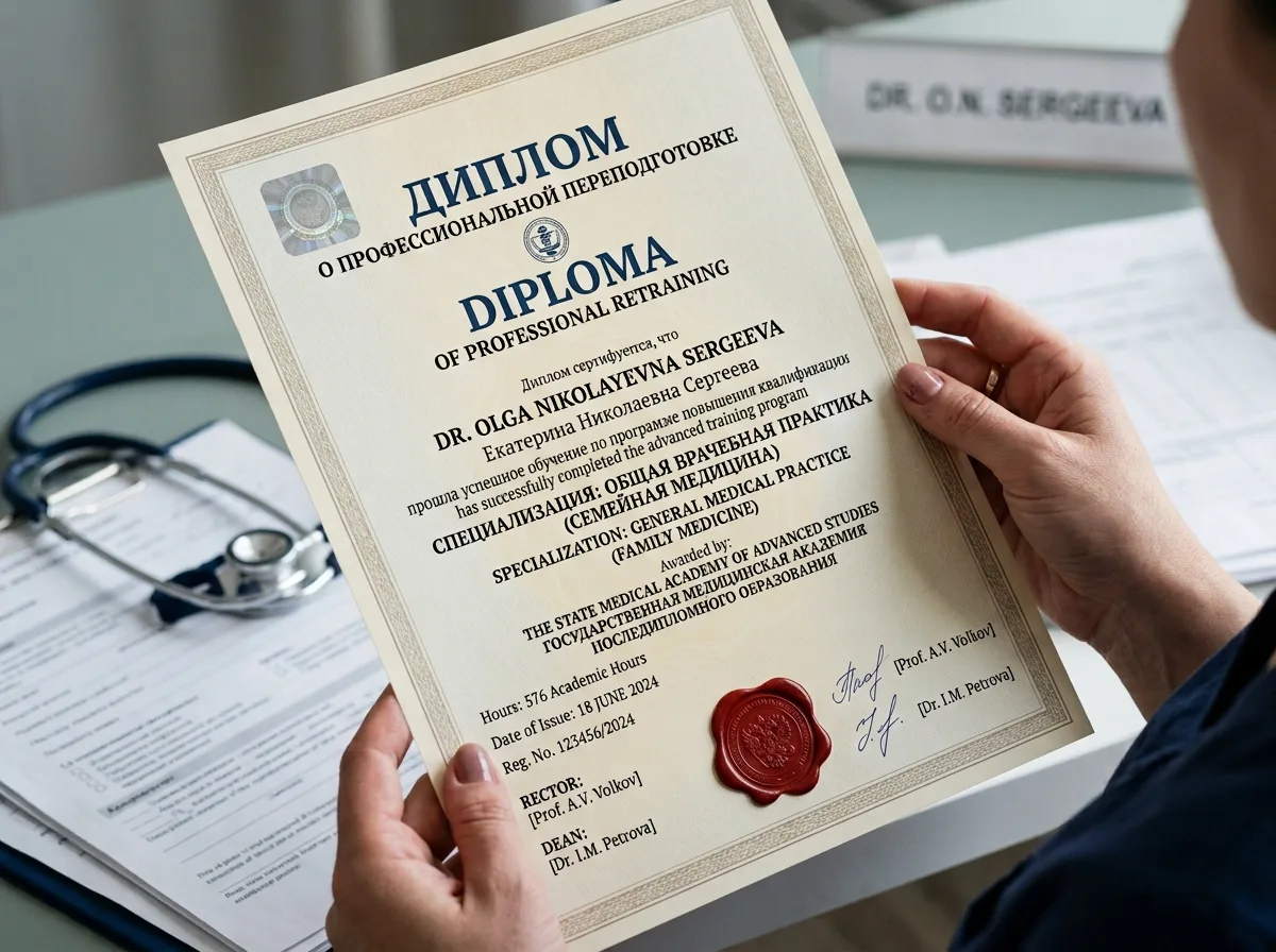 Диплом о профессиональной переподготовке медицинского работника крупным планом